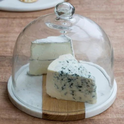 Cloche en verre avec sa planche marbre et bois blanc