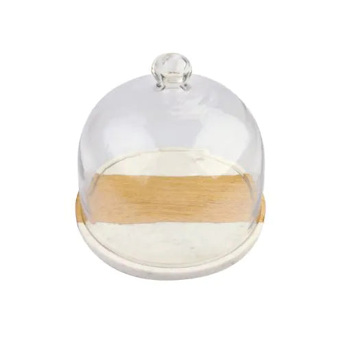 Cloche en verre avec sa planche en bois et marbre blanc
