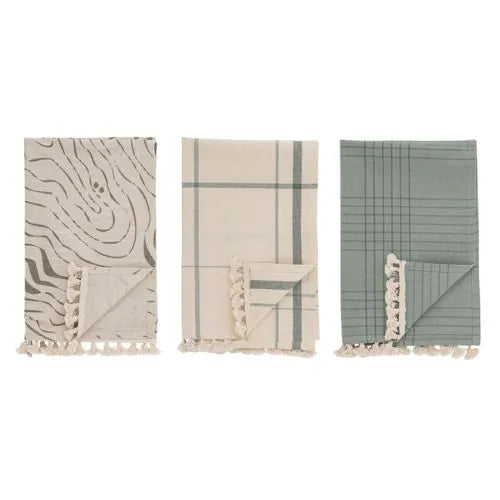 trois serviettes de cuisine en coton à motif de couleur blanc, beige et verte