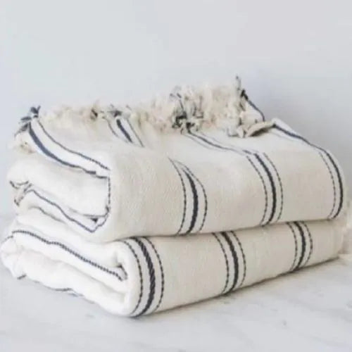 plaid blanc en coton avec rayure bleu